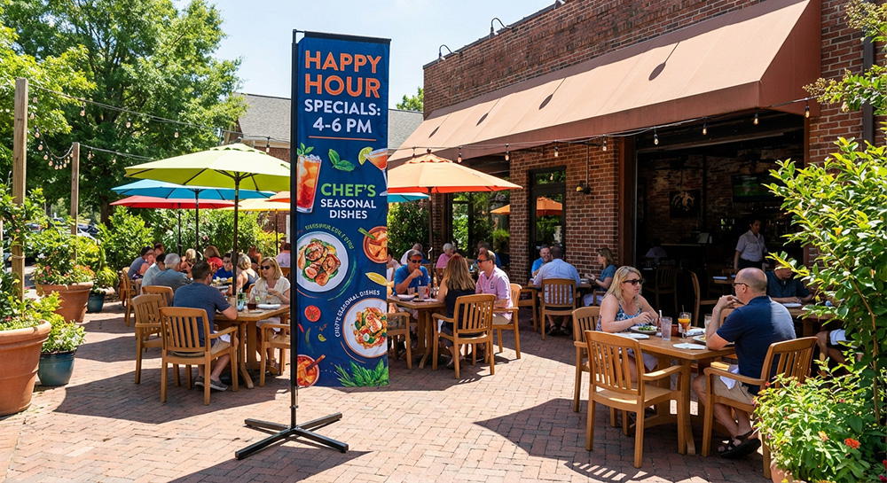 Custom rectangle flag displaying happy hour times | Banners.com