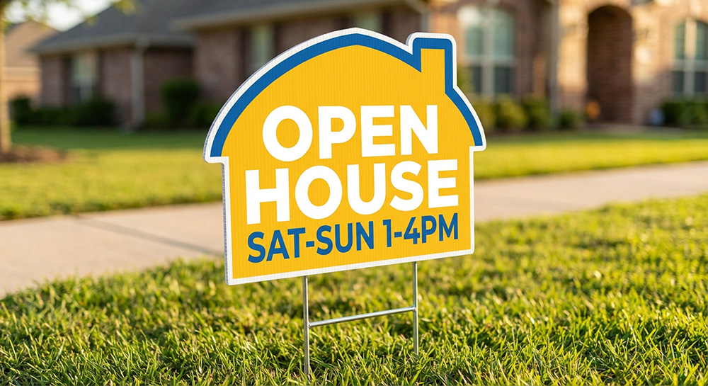 Custom die-cut yard signs for an open house event | Banners.com