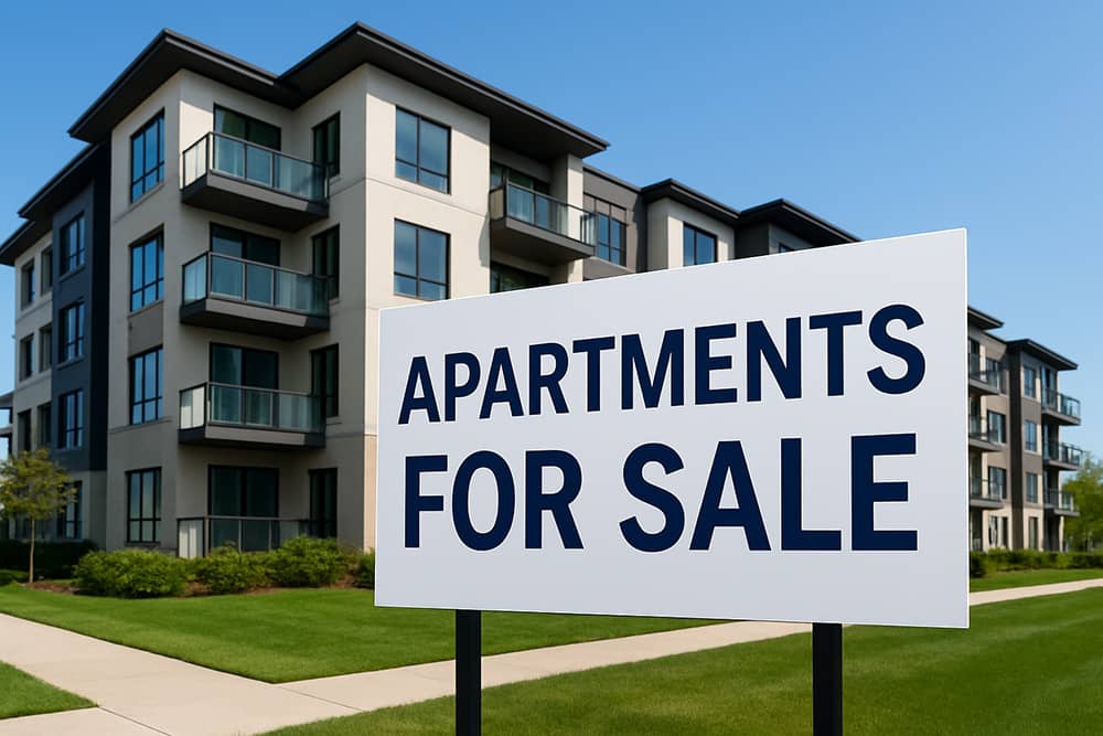 yard sign in front of an apartment complex advertising apartments for rent.