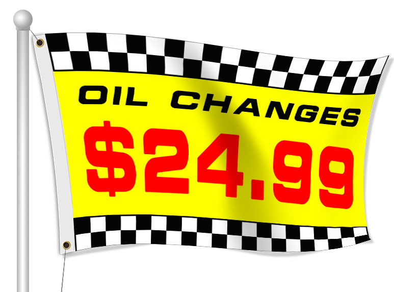 Automotive flag advertising for an oil change.