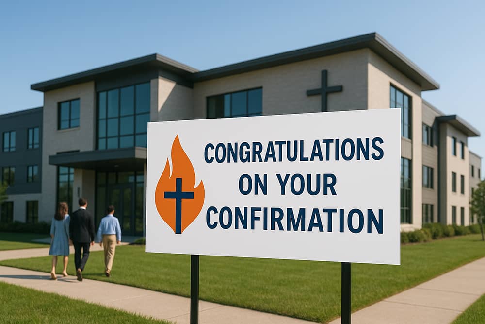 Confirmation yard sign in front of a church.