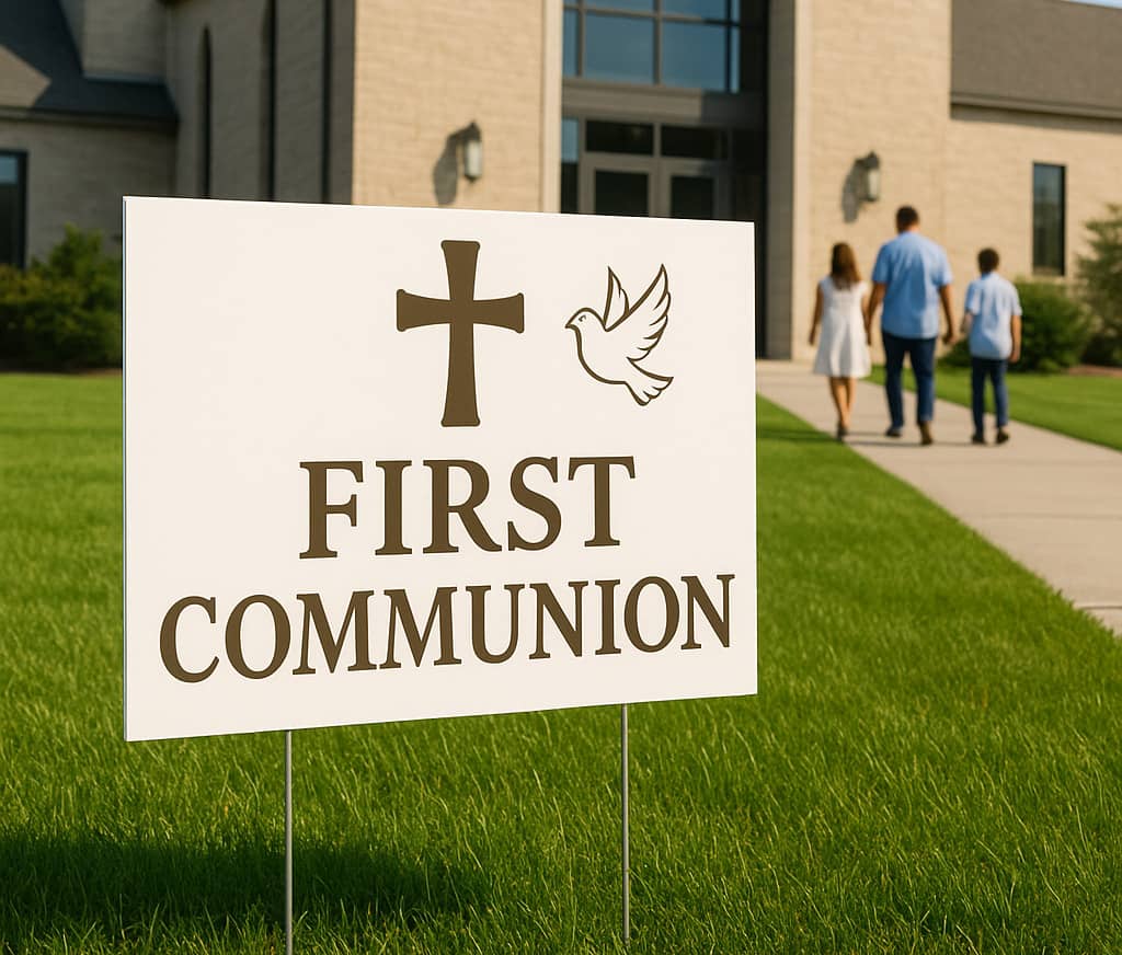 First communion yard sign in front of a church.