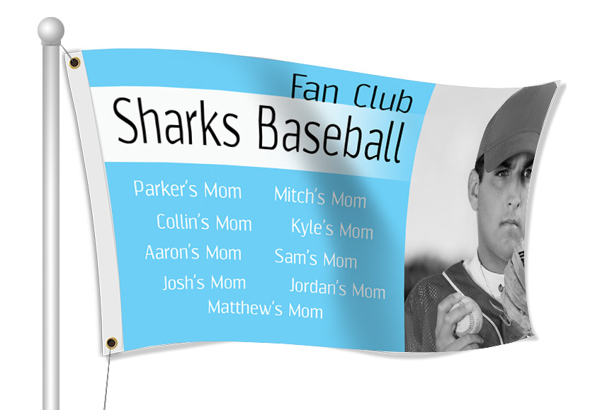 Custom fan club flag for the sharks baseball team.