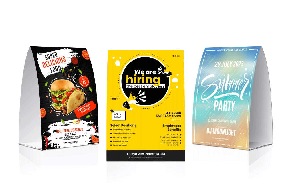 3 Table tent cards from banners.com