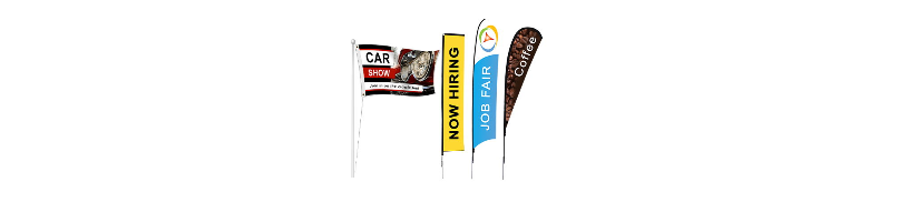 a variety of custom flags displayed in a row